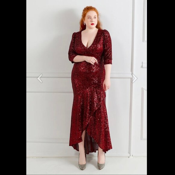 Chicwish | Elbow Sleeve Ruffle Sequined Gown | Burgundy | XL - Picture 6 of 15